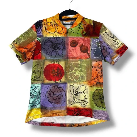 Vintage SUGOI Cycling Jersey Floral Abstract Full Zip Short Sleeve Boho Size M - Picture 1 of 7